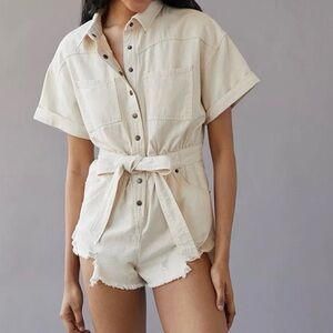 Urban Outfitters BDG Devon Distressed Romper Cargo Beige Cream Safari size small